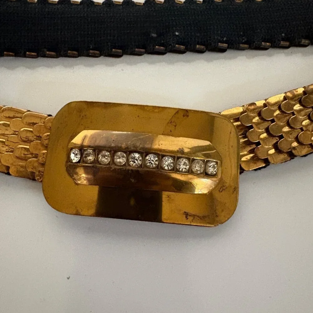 Copper-Tone Metal Mermaid Scales Stretch Belt Rhinestone Hook Closure Vintage